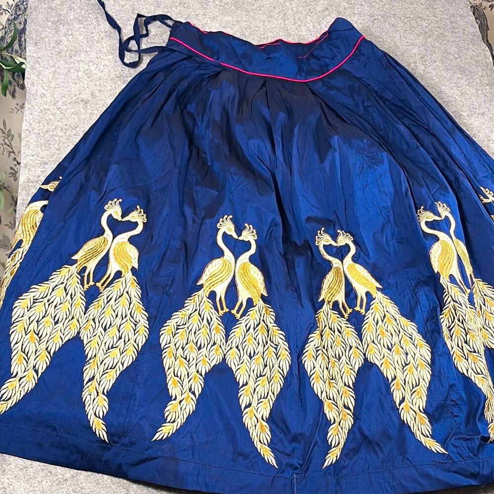 Blue Gold Embroidered Peacock Lined full Midi Skirt Drawstring , Bespoke, Boho